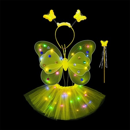 Costum Fluturas Fairy Dress cu Aripi Modelabile Luminoase pentru Copii, Fusta din Tul cu Lumini, 4 piese, Bumbac/Poliester, Galben