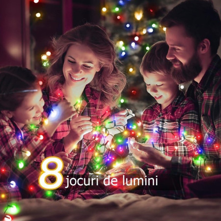 Instalatie Brad de Craciun liniara, 8 jocuri de lumini, Controler, 17 m din care 1m cablu priza, 220V, 200 LED, becuri in 6 colturi, Multicolor