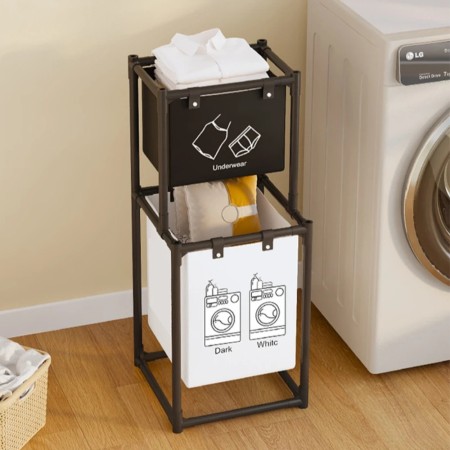 Dulap de Baie cu doua straturi si Cos pentru Rufe, 97x44x31 cm, Negru