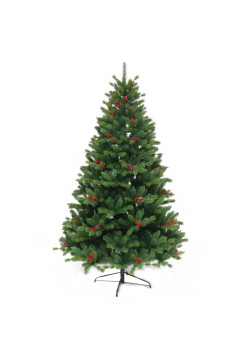 Brad artificial decorat cu conuri pin rosii de Craciun Bogat, 2.4 m, 1652 ramuri, suport metalic inclus, Verde