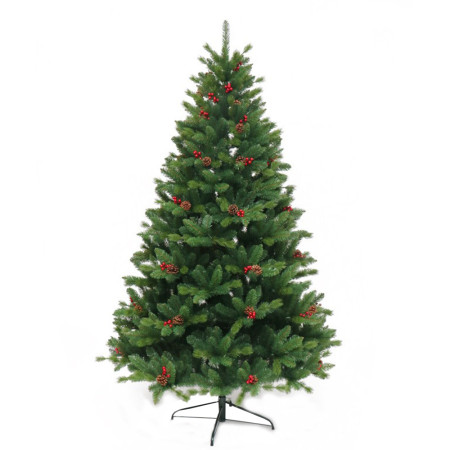 Brad artificial decorat cu conuri pin rosii de Craciun Bogat, 2.4 m, 1652 ramuri, suport metalic inclus, Verde