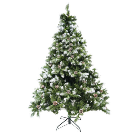 Brad artificial decorat cu conuri pin nins de Craciun 1.8m, pentru perete/colt, 862 ramuri, suport metalic inclus, Verde