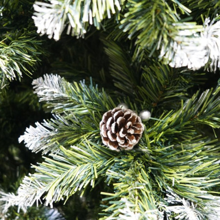 Brad artificial decorat cu conuri pin nins de Craciun 1.8m, pentru perete/colt, 862 ramuri, suport metalic inclus, Verde
