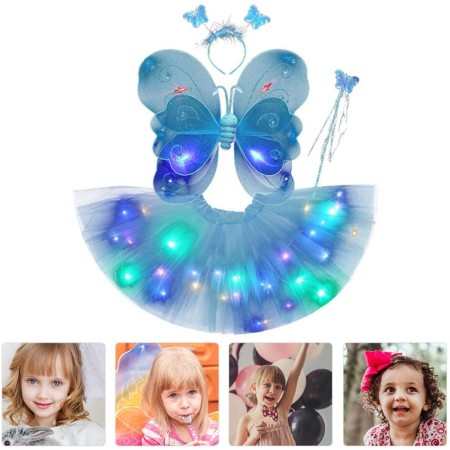 Costum Fluturas Fairy Dress cu Aripi Modelabile Luminoase pentru Copii, Fusta din Tul cu Lumini, 4 piese, Bumbac/Poliester, Albastru