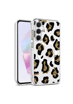 Husa pentru Samsung Galaxy A16, Atasare Magnetica, MagSafe, Leopard Gold Glitter, Clear
