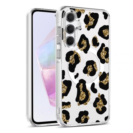 Husa pentru Samsung Galaxy A55 5G, Atasare Magnetica, MagSafe, Leopard Gold Glitter, Clear
