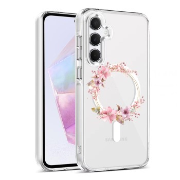 Husa pentru Samsung Galaxy A55 5G, Atasare Magnetica, MagSafe, Pink Wreath 2, Clear