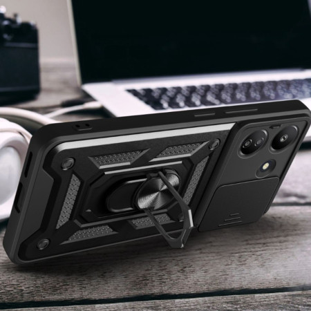 Husa telefon compatibila Xiaomi Redmi 13C, Slide & Snap Premium, Magnetic Ring Holder, Negru