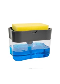 Dozator 2în1 pentru Detergent de Vase și Obiecte Sanitare, cu Suport pentru Burete, 380ML, Design Compact, 14 x 10.5 x 10 cm, Negru