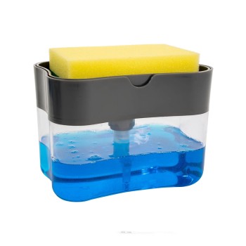 Dozator 2în1 pentru Detergent de Vase și Obiecte Sanitare, cu Suport pentru Burete, 380ML, Design Compact, 14 x 10.5 x 10 cm, Negru