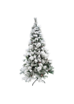 Brad artificial decorat cu conuri pin nins de Craciun 2.1m, interior/exterior, diametru 131 cm, 630 ramuri, suport metalic inclus, alb/verde