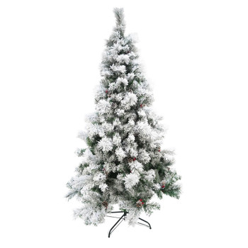 Brad artificial decorat cu conuri pin nins de Craciun 2.1m, interior/exterior, diametru 131 cm, 630 ramuri, suport metalic inclus, alb/verde