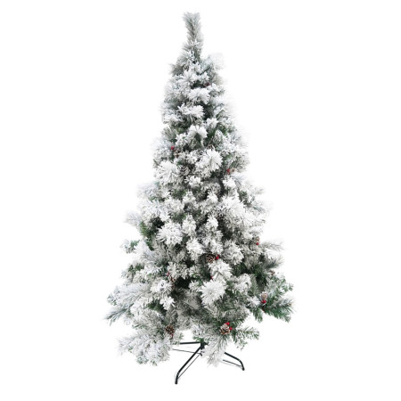 Brad artificial decorat cu conuri pin nins de Craciun 2.1m, interior/exterior, diametru 131 cm, 630 ramuri, suport metalic inclus, alb/verde