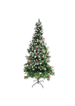 Brad artificial decorat cu conuri pin rosii nins de Craciun 2.1 m, diametru 106 cm, 643 ramuri, suport metalic inclus, Verde