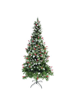 Brad artificial tip nins Premium decorat cu conuri pin rosii de Craciun 2.4m, 863 ramuri bogate, suport metalic inclus, Verde