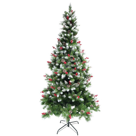 Brad artificial tip nins Premium decorat cu conuri pin rosii de Craciun 2.4m, 863 ramuri bogate, suport metalic inclus, Verde