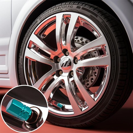 Set 4 capace ventil auto universale, model Hexagon, aluminiu, verde, compatibile masina, bicicleta, motocicleta