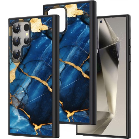 Husă pentru Samsung Galaxy S25 Ultra, Marble, Protecție Cameră, Antișoc, Design Slim, Blue - Gold