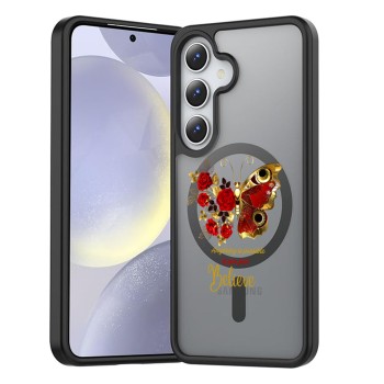 Husă MagSafe Antișoc pentru Samsung Galaxy S25 – Design Butterfly Quote, Protecție 360°, Belive, Negru Mat