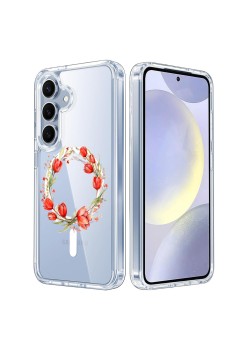 Husa pentru Galaxy S25, Atasare Magnetica, MagSafe, Pink Wreath 15, Clear