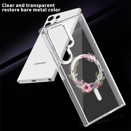 Husa pentru Samsung Galaxy S24 Ultra, Atasare Magnetica, MagSafe, Pink Wreath 20, Clear