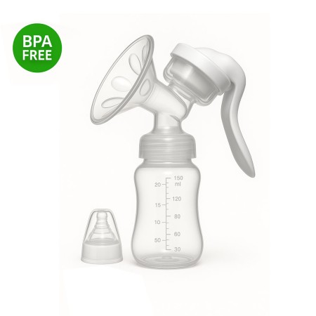 Pompa de san manuala portabila, 150 ml, cu tetina biberon, silicon, anti-reflux, anti-scurgere, recipient transparent, alb
