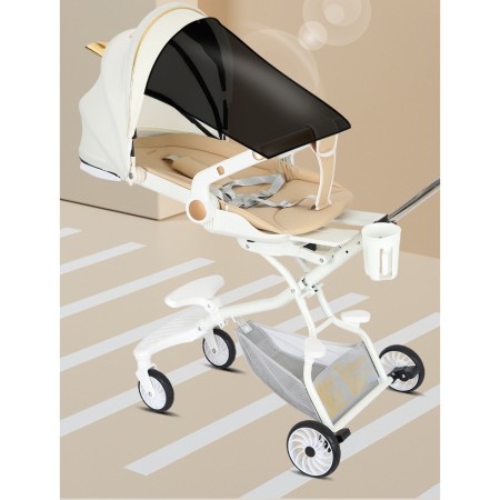 Cărucior 3 în 1, Reversibil, Pliabil, Poziție Somn, Tavă Masă, Roti 360°, Copertină UV, Suport Pahar, Model Pisicuțe, Alb, 6-36 Luni