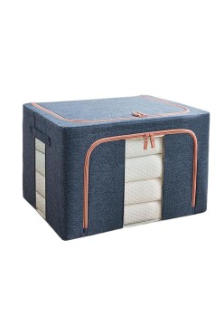Cutie de Depozitare Pliabilă, 100L, Textil, Cadru Metalic, Bază Stabilă, Fermoar, Două Ferestre de Vizualizare, 60x42x40 cm, Albastru Marin