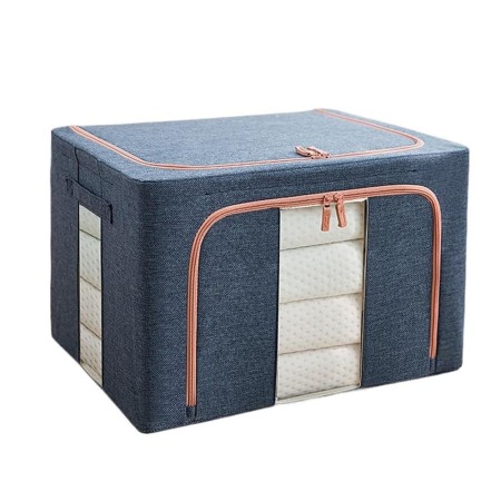 Cutie de Depozitare Pliabilă, 100L, Textil, Cadru Metalic, Bază Stabilă, Fermoar, Două Ferestre de Vizualizare, 60x42x40 cm, Albastru Marin