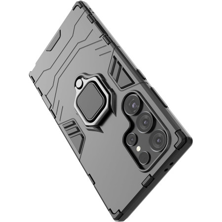 Husa Ring Defender compatibila Samsung Galaxy S24 Ultra, Antishock Armor, Inel rotativ 360 grade, Magnet suport auto incorporat, TPU si PC, Negru