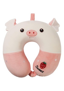 Pernă de Călătorie în Formă de U, Spumă cu Memorie, Model Purceluș, 30x30 cm, Sistem de Prindere cu Capse, Ideală pentru Voiaj, Birou, Mașină, Alb-Roz