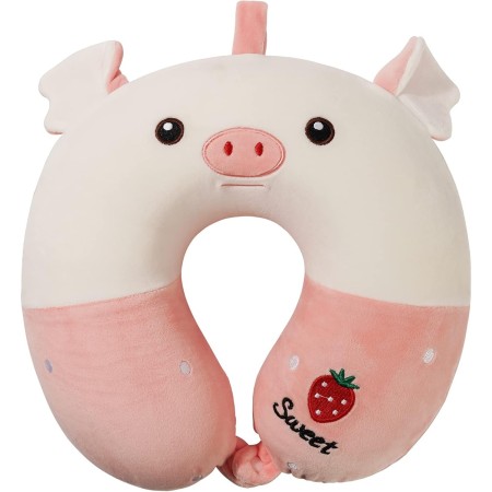 Pernă de Călătorie în Formă de U, Spumă cu Memorie, Model Purceluș, 30x30 cm, Sistem de Prindere cu Capse, Ideală pentru Voiaj, Birou, Mașină, Alb-Roz