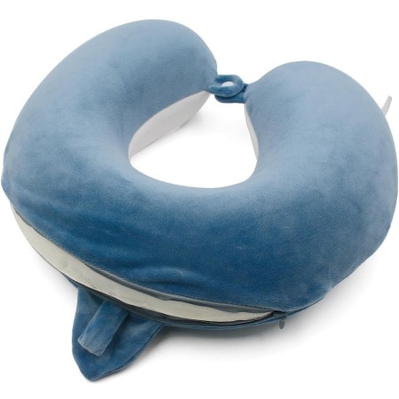 Pernă TravelShark, Suport Ergonomic pentru Gât și Cap, Spumă cu Memorie, 30x30 cm, Sistem de Prindere cu Capse, Albastru