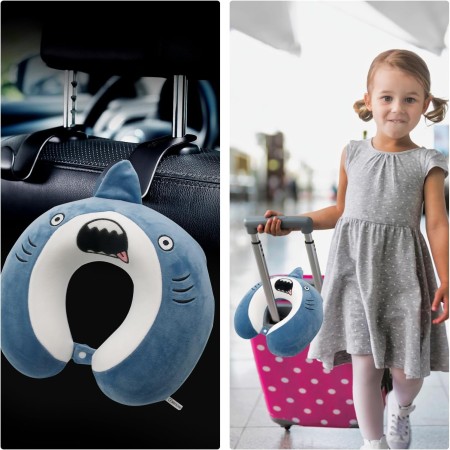 Pernă TravelShark, Suport Ergonomic pentru Gât și Cap, Spumă cu Memorie, 30x30 cm, Sistem de Prindere cu Capse, Albastru