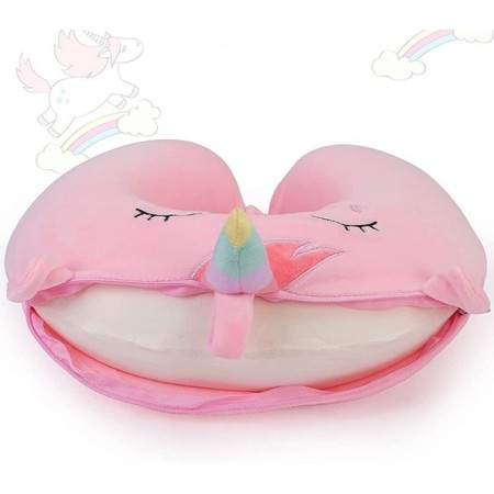 Pernă TravelUnicorn, Suport Ergonomic pentru Gât și Cap, Spumă cu Memorie, 30x30 cm, Sistem de Prindere cu Capse, Roz