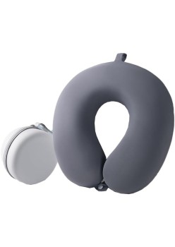 Pernă TravelSupport, Formă de U, Suport Ergonomic pentru Gât și Cap, Spumă cu Memorie, Sistem de Prindere cu Capse, 30x30 cm, Gri
