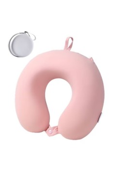 Pernă TravelComfort, Design Ergonomic în Formă de U, Spumă cu Memorie, Sistem de Prindere cu Capse, Ideală pentru Voiaj, Birou, Mașină, 30x30 cm, Roz