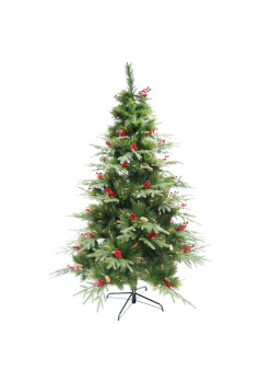 Brad artificial decorat cu conuri pin rosii de Craciun verde, pentru interior/exterior, inaltime 150 cm, diametru 104 cm, 323 ramuri, suport metalic inclus