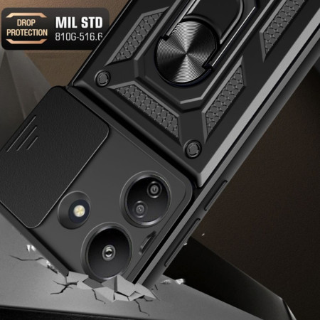 Husa telefon compatibila Xiaomi Redmi 13C, Slide & Snap Premium, Magnetic Ring Holder, Negru