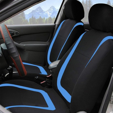 Set huse scaune auto universale, 9 piese, model Blue Line, albastru, compatibile airbag, material poliester cu burete 2 mm