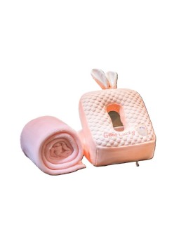 Set 2în1 Pătură și Pernă, Model Iepuraș, cu Spațiu de Depozitare, Ideal pentru Birou și Călătorii, Microfibră și Spumă, 1x1.7 m, 30x35x30 cm, Roz