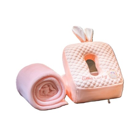Set 2în1 Pătură și Pernă, Model Iepuraș, cu Spațiu de Depozitare, Ideal pentru Birou și Călătorii, Microfibră și Spumă, 1x1.7 m, 30x35x30 cm, Roz