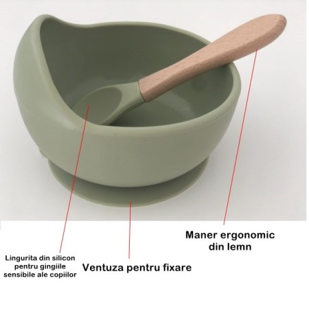 Accesorii diversificare bebelusi 8 piese din silicon, farfurie si bol cu ventuza, baveta, tacamuri lemn-silicon, cana gustari, verde inchis, fara BPA