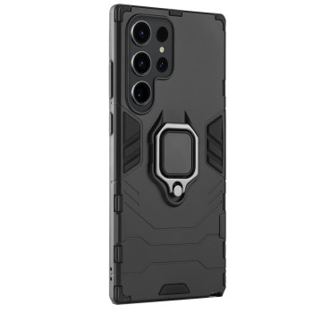 Husa Ring Defender compatibila Samsung Galaxy S24 Ultra, Antishock Armor, Inel rotativ 360 grade, Magnet suport auto incorporat, TPU si PC, Negru