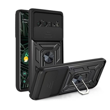 Husa telefon compatibila Google Pixel 8 Pro, protectie camera Slide and Snap Soft Premium, Magnetic Ring Holder, PopGrip, Anti-Shock, Negru