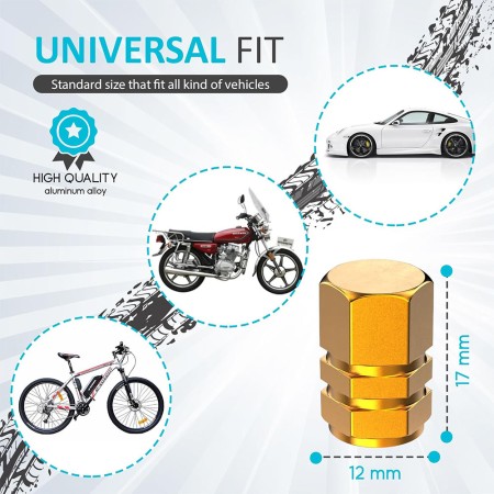 Set 4 capace ventil auto universale, model Hexagon, aluminiu, galben, compatibile masina, bicicleta, motocicleta