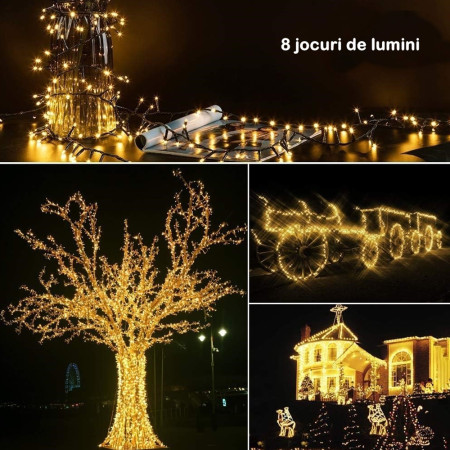 Instalatie Brad de Craciun liniara, 8 jocuri de lumini, Controler, 10 m din care 1m cablu priza, 220V, 100 LED, becuri in 6 colturi, Alb Cald