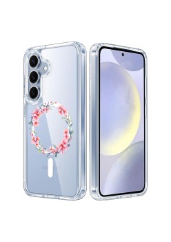 Husa pentru Samsung Galaxy S25, Atasare Magnetica, MagSafe, Pink Wreath 3, Clear