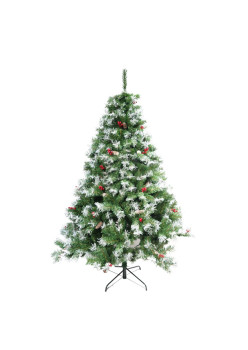 Brad artificial decorat cu conuri pin nins 2.1m de Craciun, interior/exterior, diametru 147 cm, 1150 ramuri, suport metalic inclus, Verde