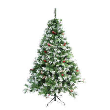 Brad artificial decorat cu conuri pin nins 2.1m de Craciun, interior/exterior, diametru 147 cm, 1150 ramuri, suport metalic inclus, Verde